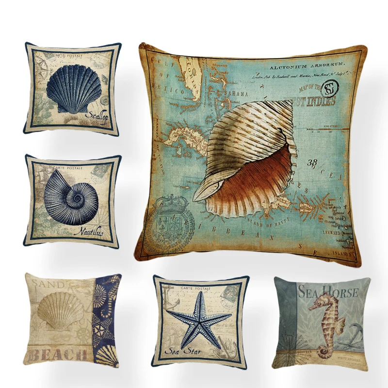 

Classic Retro Marine Animal Cushion Set Conch Scallop Home Decoration Sofa Pillowcase Starfish Lobster Polyester Linen Pillow
