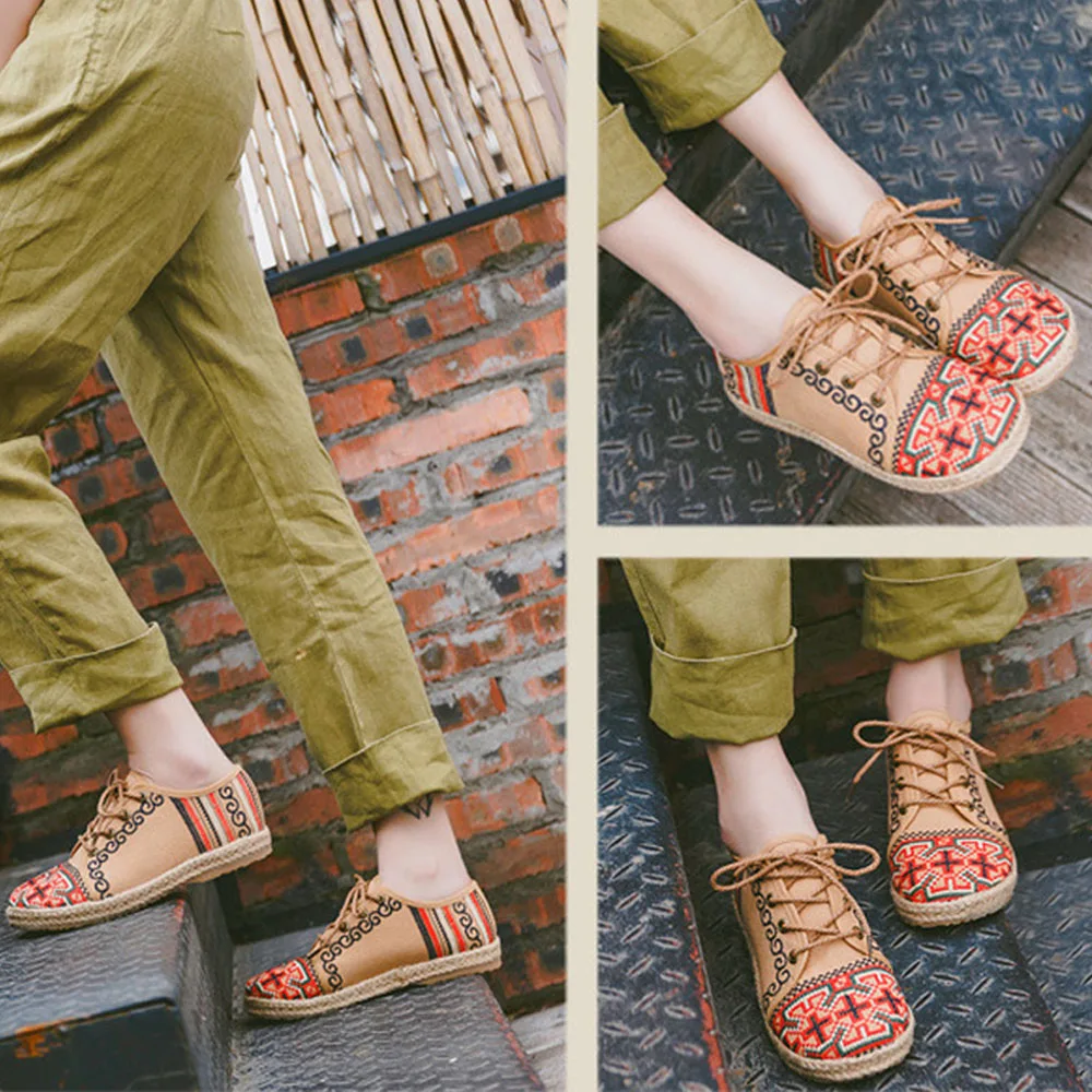 

2021 Vintage Women's High Top Linen Sneakers Ethnic Lace-up Embroidered Flat Platform Shoes Woman Thick Hemp Casual Shoes