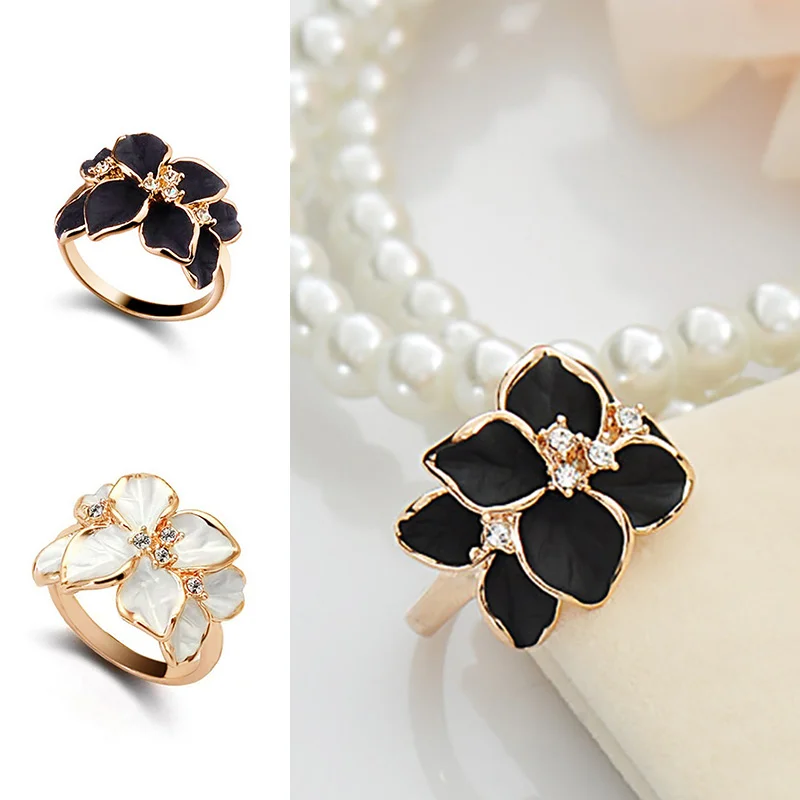 Женское кольцо с черным и белым кристаллом украшение для вечевечерние цветком