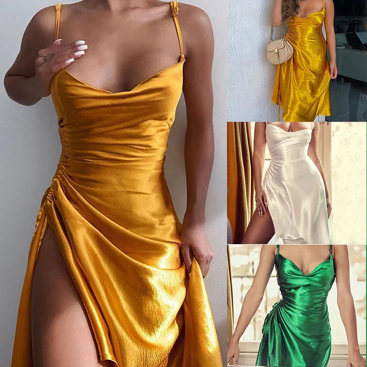 

Women's summer shirtless spaghetti sashes satin dressed sexy with no back side split ruched dress asymmetric woman at knee