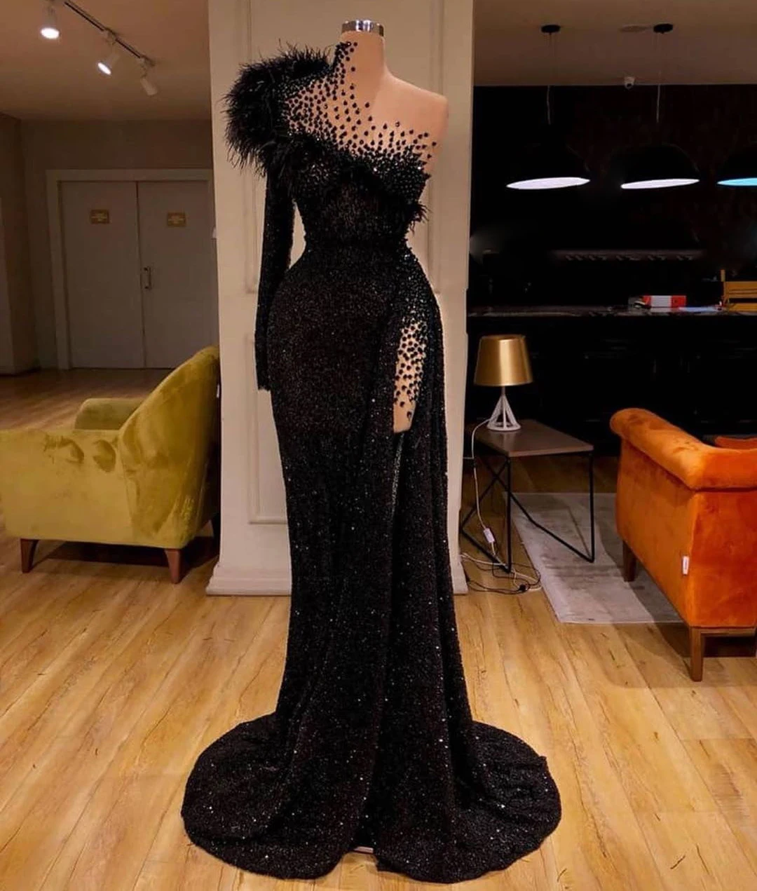 

SoAyle, роскошный кристалл из бисера, черное вечернее платье, сексуальное, с разрезом по бокам, на одно плечо, с перьями, вечернее платье русалки...