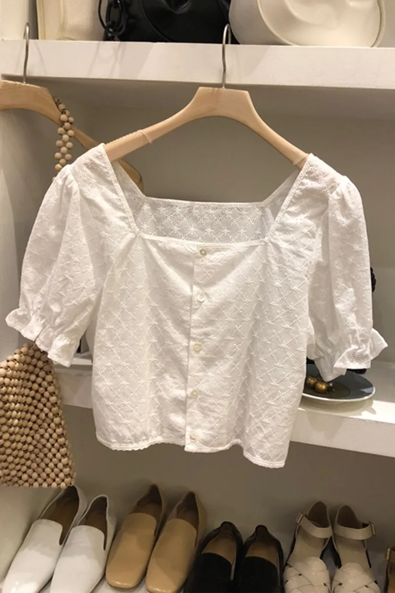 

Summer Square Collar Short Blouse Womens Shirts Solid Short Sleeve White Camisas Mujer Korean Fashion Womens Crop Tops