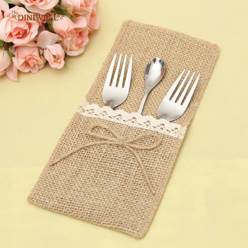 Мешковина льняной кружевной мешочек для столовых приборов рустикальная
