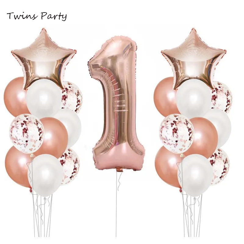 Близнецы розовое золото 1 й День рождения фольги шары из латекса шарики для