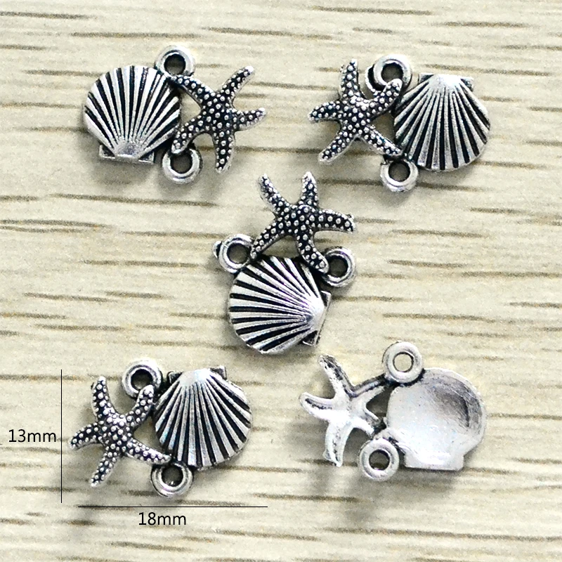 

50pcs Zinc Alloy Starfish Shell Cham 13*18mm Antique Silver Pendnt For Earring Bracelet Necklace Making Jewelry Handmaking W15