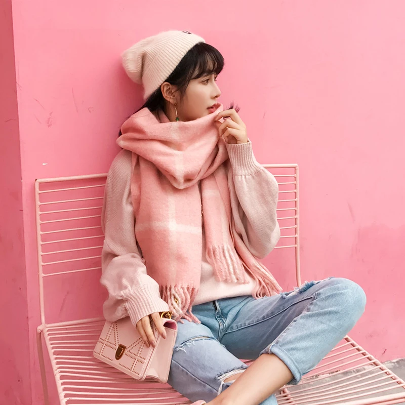 Осень-зима Новое поступление клетчатый шарф с кисточками Женская Толстая теплая