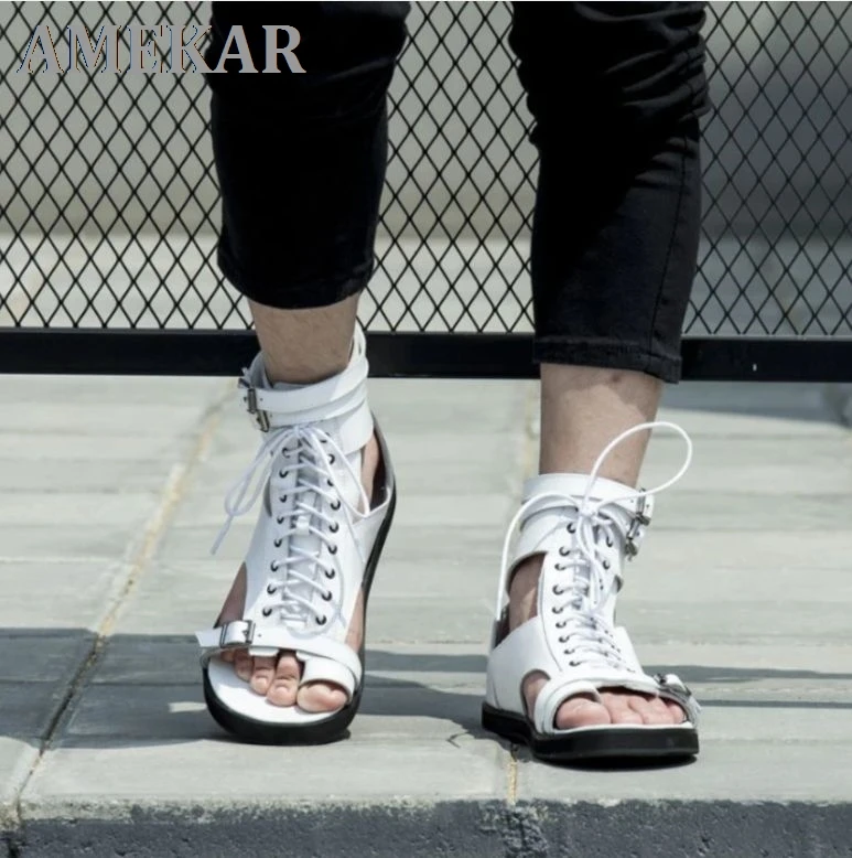 

2021 Summer New Men's Fashion High Top Sandals Versatile Men's Pu Casual Lace Up Zipper Sandals Men Shoes