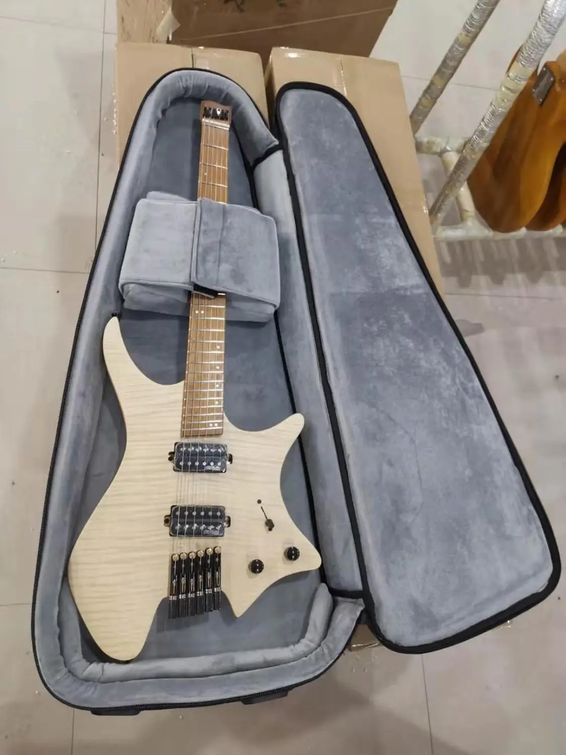 Горная безголовая гитара fanned fret 25,5-25 'пепельный корпус Пламя клен Топ жареный кленовый гриф fret