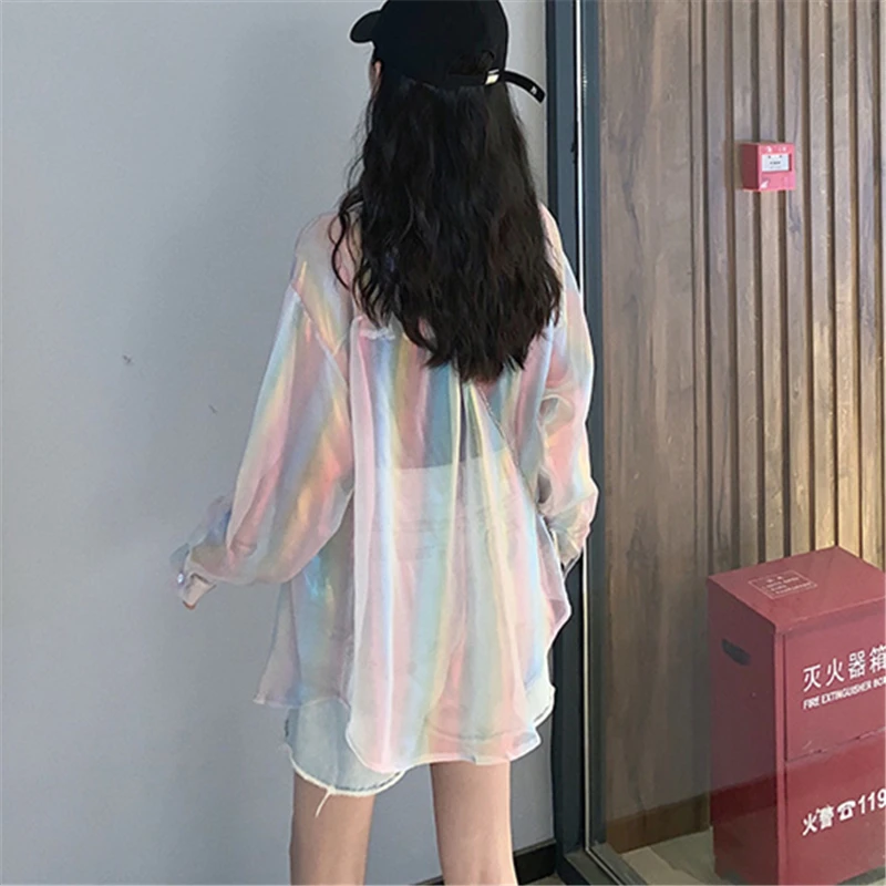 

2021 Summer Fashion New Transparent Personality Polarized Purple Design Cool Sunscreen Shirt Female Top Trendy 476