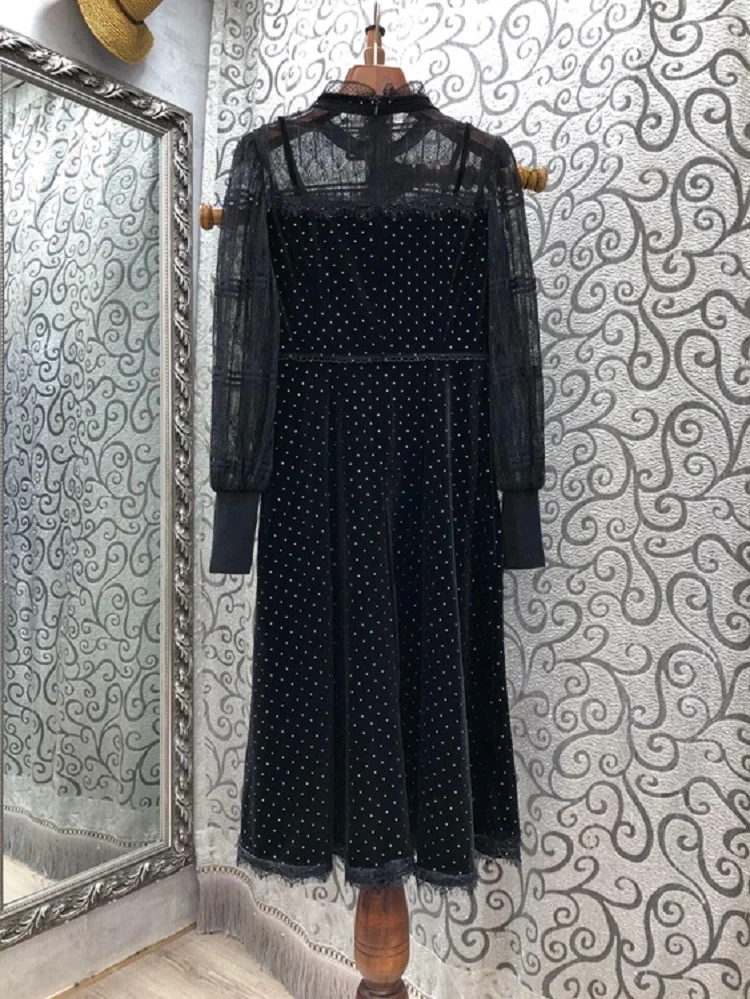 

Quality New High Runway Dress 2021 Autumn Winter Women Polka Dot Print Sexy Tulle Lace Patchwork Long Sleeve Velvet Dress Femme