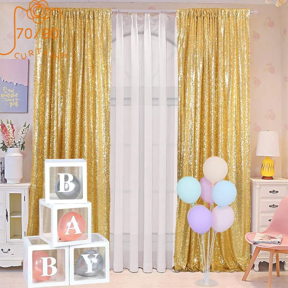 Gold Sequin Background Curtain Glitter Golden Birthday Party Wedding Curtains for Living Room Bedroom Finished Product