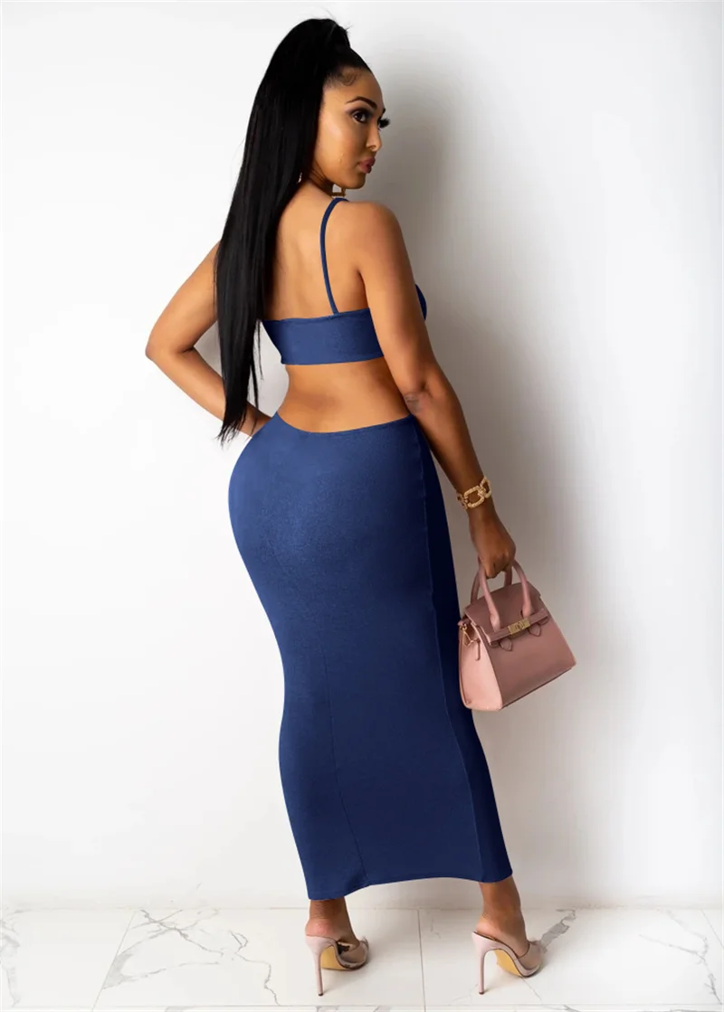 

Women Solid Color Spaghetti Strap Long Dress Fashion Hollow Out Sleeveless Deep V-neck High Waist Summer Sling Dress