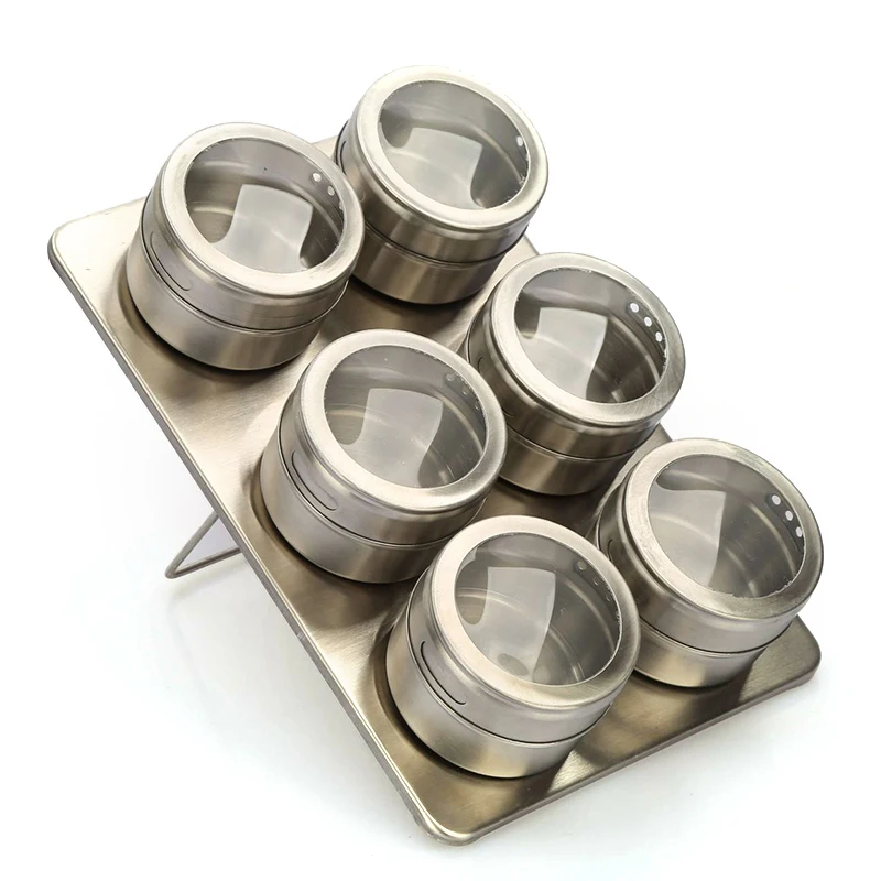 6pcs With Base Кухонные инструменты с магнитным дном для специй Tins набор специй из нержавеющей стали с наклейками перцовые шейкеры приправа спреи Набор для соли и перца - Цвет: 6pcs With Base