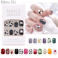 24pcsbox false nails detachable press on with glue strawberry cow cartoon pattern full cover fake nail art tips manicure tools