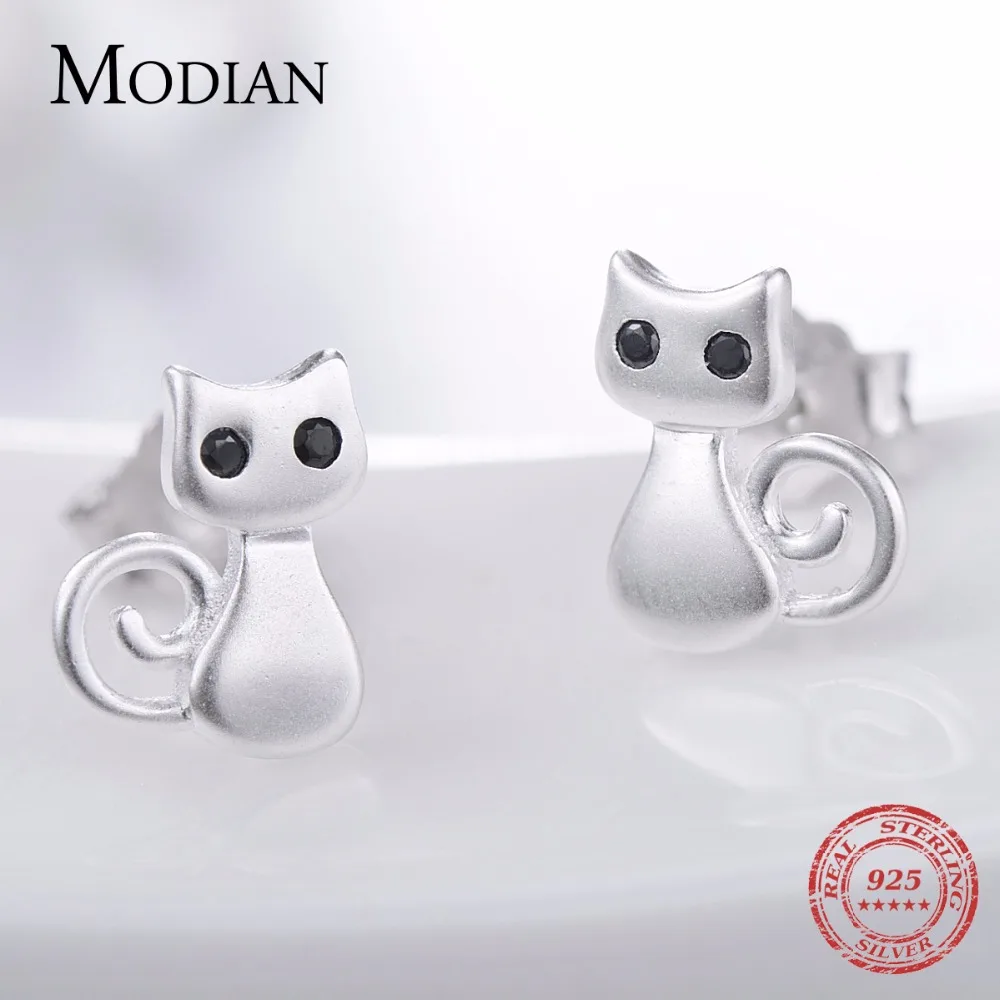 Серьги-гвоздики Modian из серебра 925 пробы с милыми котами женские милые модные