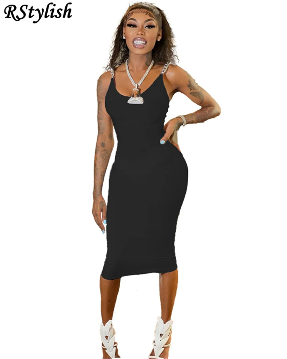

RStylish Sexy Women's Chain Sling Corset Midi Dress Nightclub Party Solid Color Bodycon 2021 Summer New Sleeveless Women Dresses