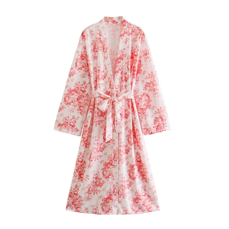 

MESTTRAF Women 2021 Sexy With Belt Floral Print Midi Dress Vestidos Vintage Long Sleeve Side Slit High Street Female Dresses