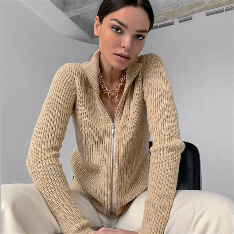 

Half Turtleneck Short Cardigan Women's Autumn Winter Zipper Long Sleeve Thicken Knitted Cardigan New Candy Solid Slim Sweaters