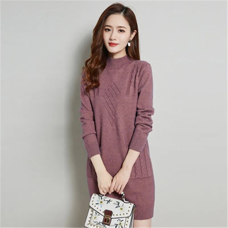 Осенне-зимнее вязаное платье-свитер женские свободные однотонные пуловеры с