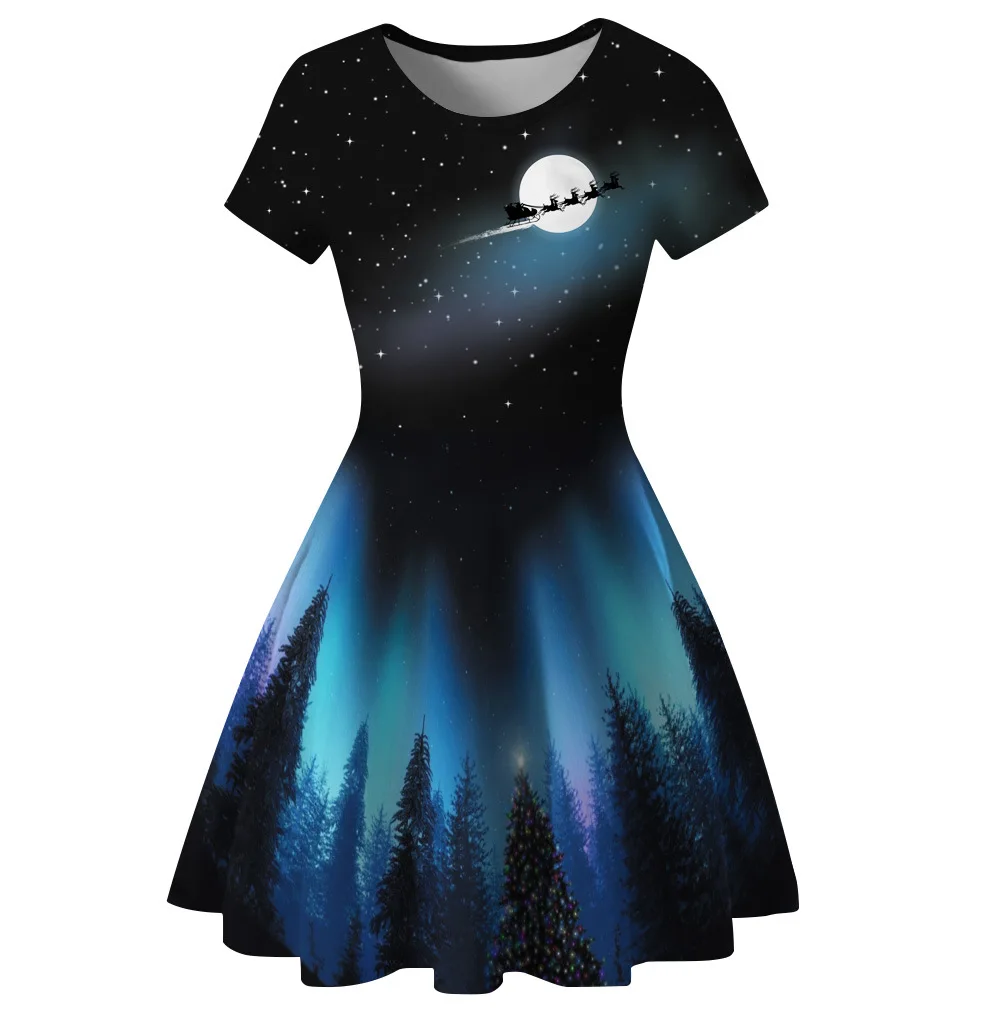 

Summer Christmas Sky Elk digital Printing Vintage Women Dress Merry O-neck Empire Evening Party Ladies Vestido Females Dresses