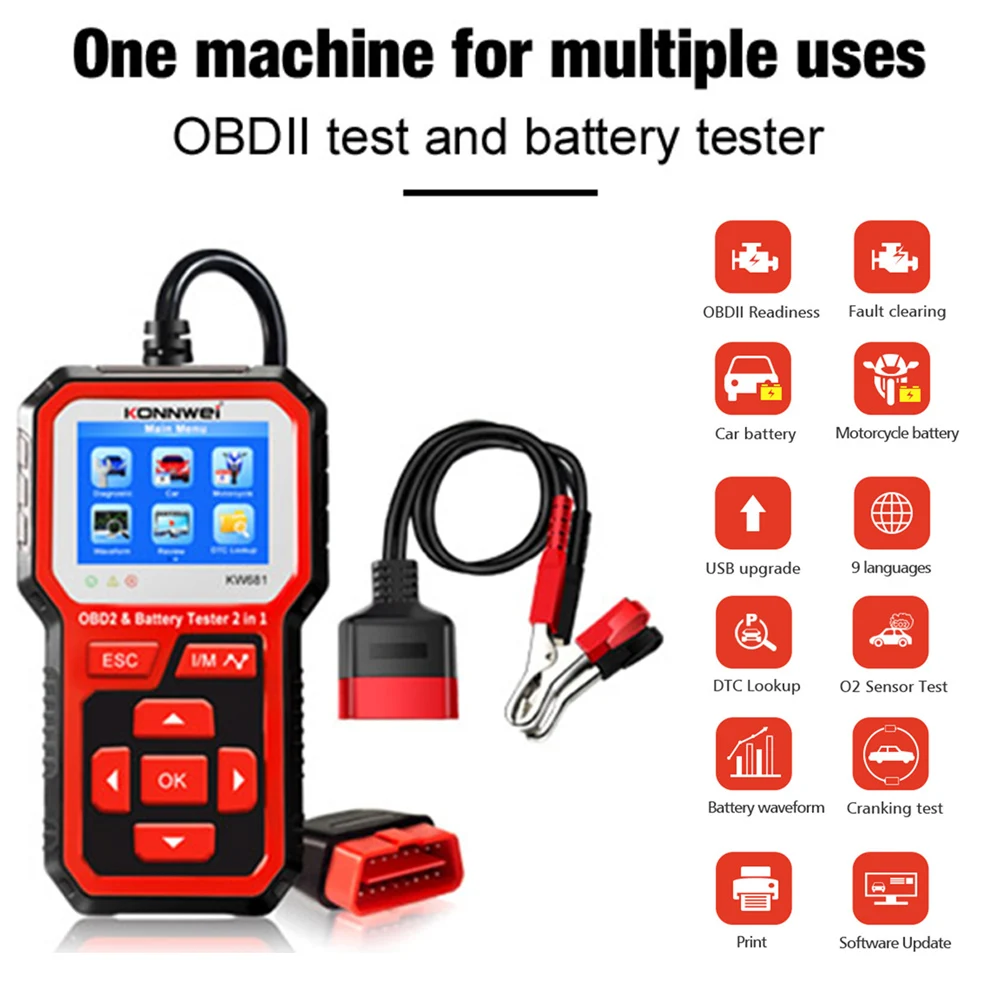 

KONNWEI KW681 Full OBD2 Car Diagnostic Tools OBD 2 Auto Scanner Check Engine O2 Sensor Battery Test OBDII Code Reader 2 In 1