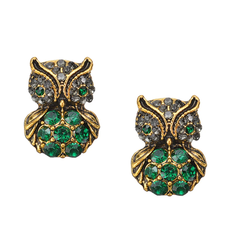 Винтажные серьги гвоздики с зелеными кристаллами в виде совы для женщин Золотые