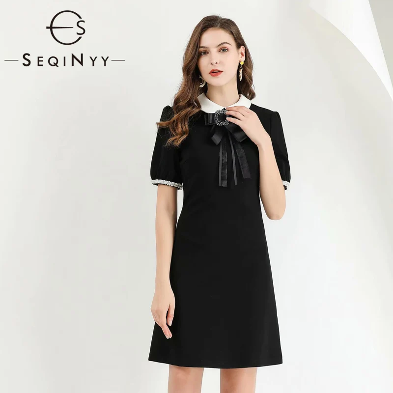 SEQINYY/черное платье года; сезон весна-осень; новое модное дизайнерское женское платье с коротким рукавом и кристаллическим бантом; высококачественное тонкое элегантное мини-платье