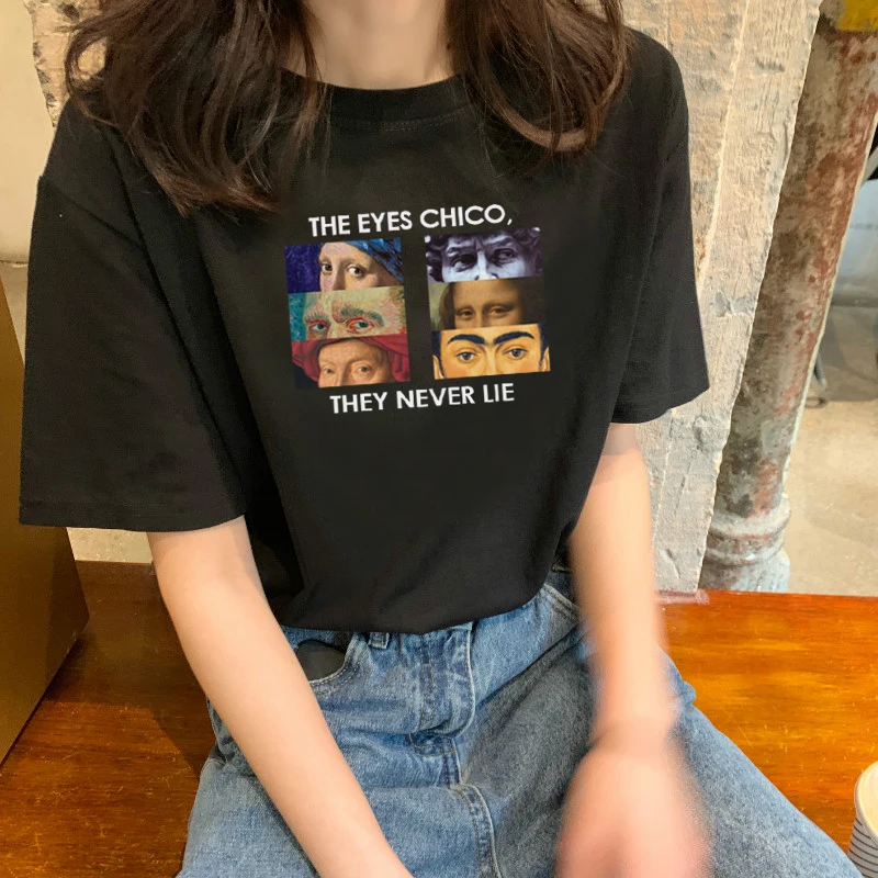 Van Gogh Summer new female short sleeve cartoon letters spoof ins tops funny art print tees Harajuku Ulzzang loose T-shirt