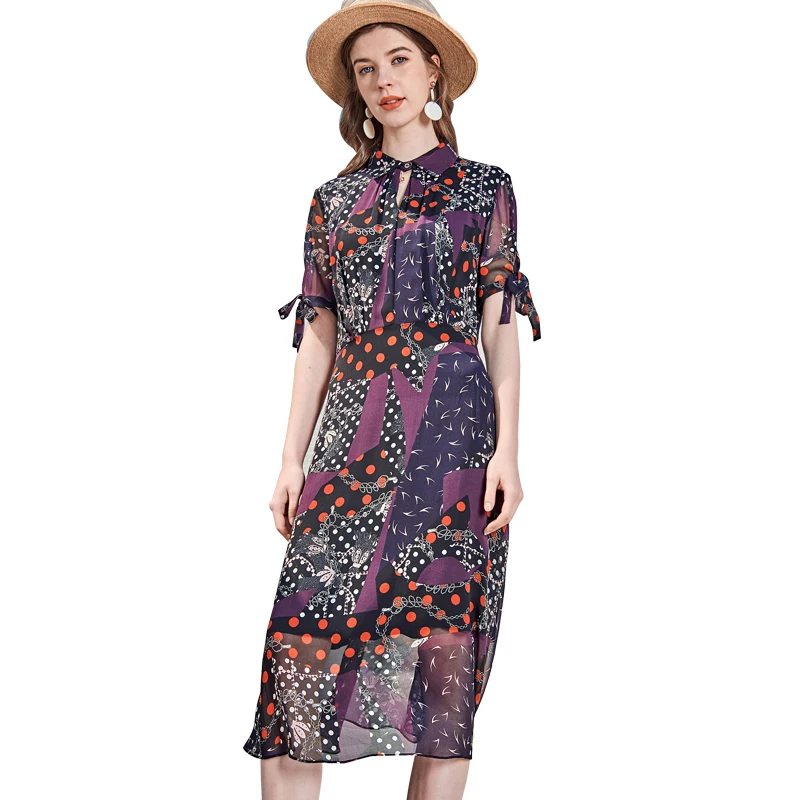 

100% Silk Women's Runway Dresses Turn Down Collar Short Sleeves Bow Detailing Printed Fashion Casual Dresses