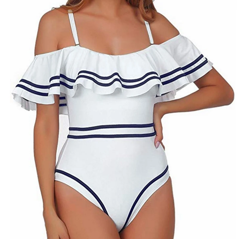 

Sexy Women Bikini Striped Off Shoulder One Piece Sling Slimming Push Up Beach Bathing Padded Quick Dry Fashion Swimwear Suits