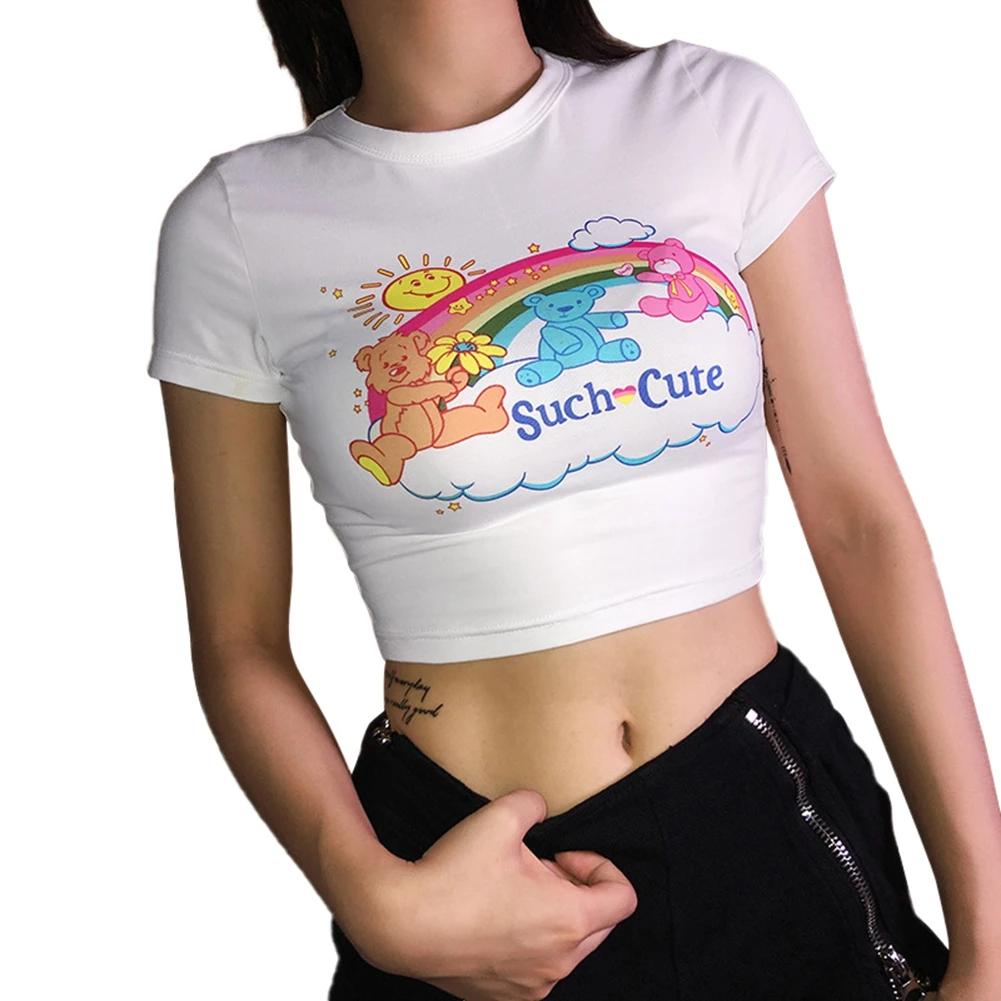 Женский укороченный топ в Корейском стиле футболка с коротким рукавом и милым