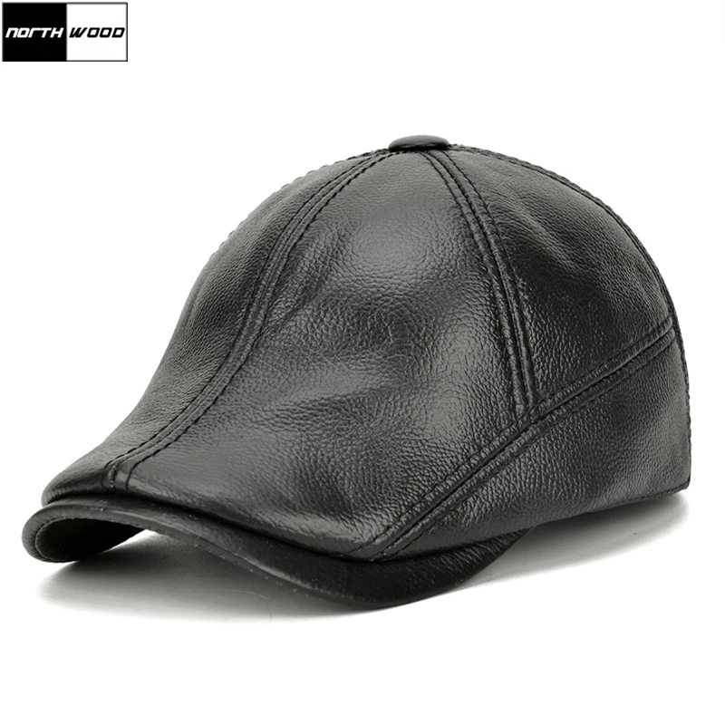 

[NORTHWOOD] Brand Genuine Leather Winter Visors Hat Cowhide Berets Cap Thick Warm Peaked Cap Men for Adult