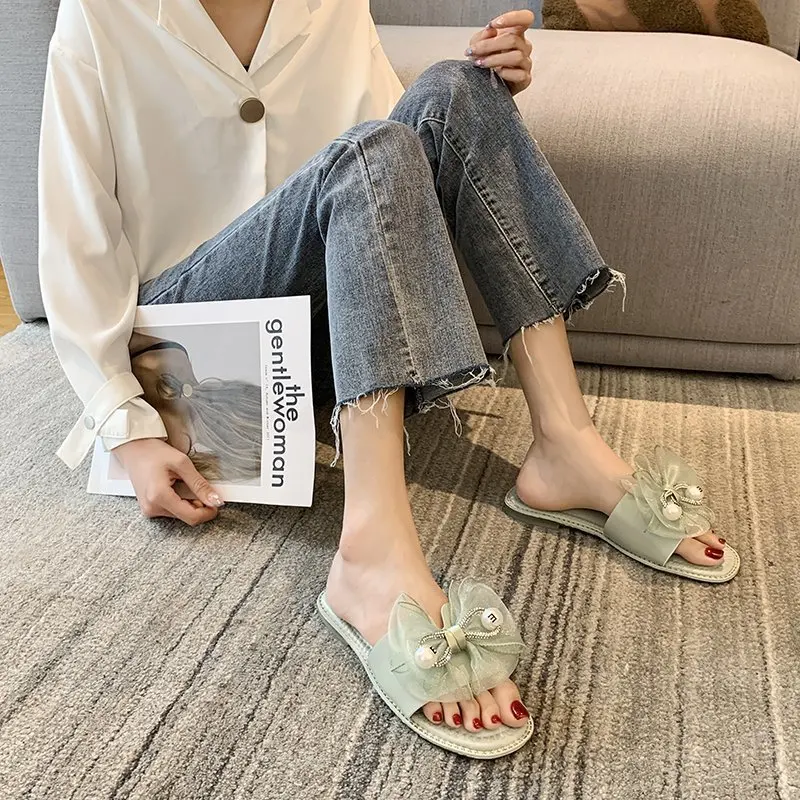 

Low Shoes Woman 2021 Slippers Casual Butterfly-Knot Luxury Rubber Flat Basic Butterfly-knot Slides PU Fashion Shoes Woman 2021 S