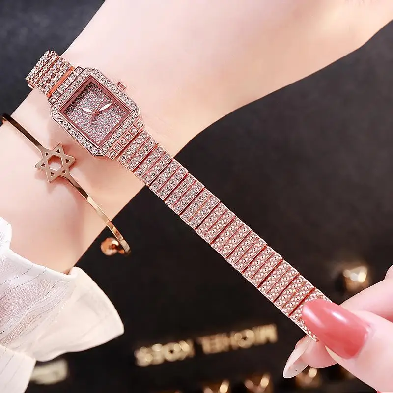 

Hot Diamond Watch for Women Luxury Brand Ladies Gold Square Watch Minimalist Analog Quartz Movt Unique Female Women's Wristwatch