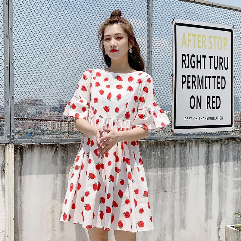 

Strawberry Dress Round Neck Short Sleeve Dress Cotton Print Dresses Loose Dresses for Girls Spring Summer Breastfeeding Clothes