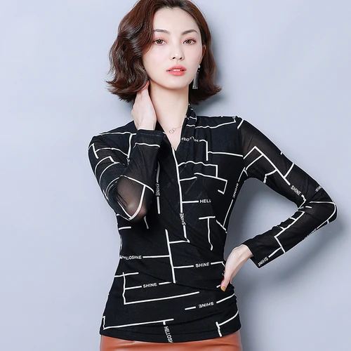 Женская блузка с v-образным вырезом модель 2020 года Осень-зима приталенная