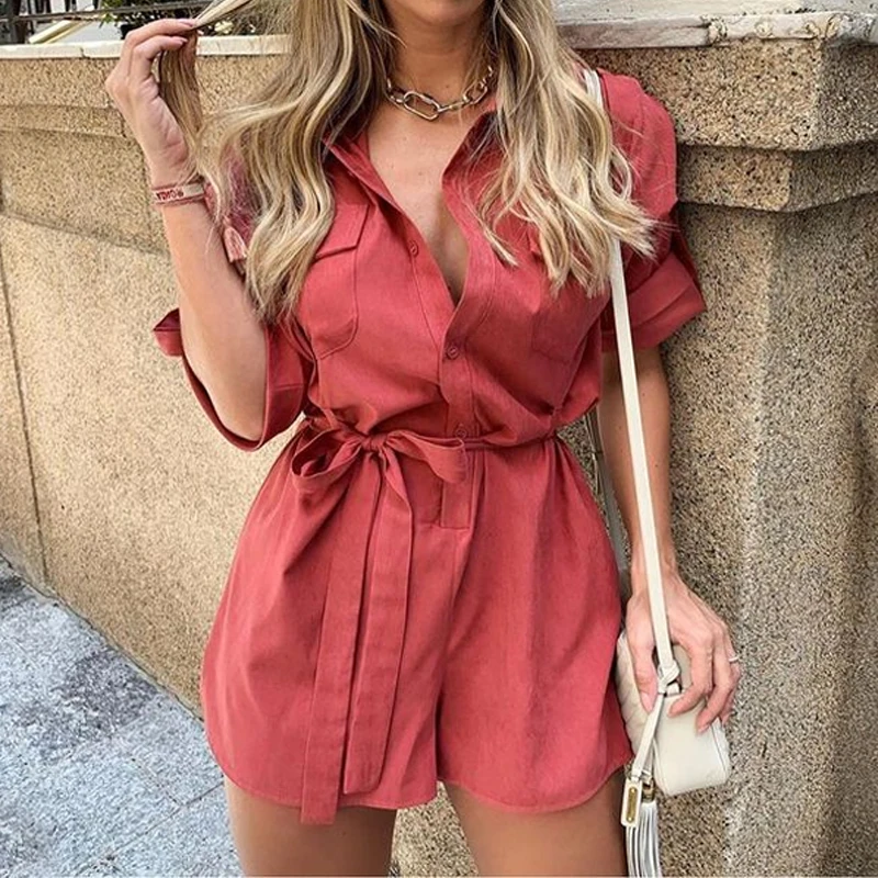 

Streetwear Button Red Turn Down Women Playsuit Short Sleeve Sashes High Waist Female Jumpsuit Casual Summer Playsuit 2021