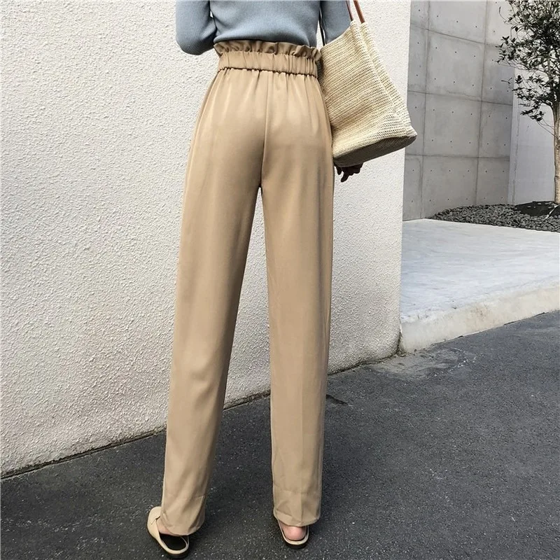 

Mazefeng 2020 Spring Women Pants Elastic Waist Empire Casual Buttons Fold Office Ladies Pockets Lace Up Loose Long Trousers