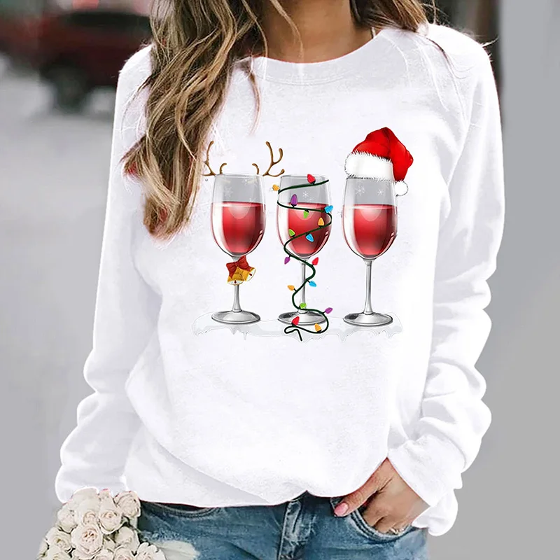

S-2XL Christmas Hat Wine Glass Print Tee Round Neck Fashion T-shirts Daily Wear Plus Size Long Sleeve Top