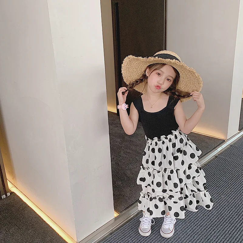 

Girl Clothing Set 2021 Fashion Summer Sleeveless Vest And Polka Dot Skirt 2pcs Outfits Korean Children Holiday Suits