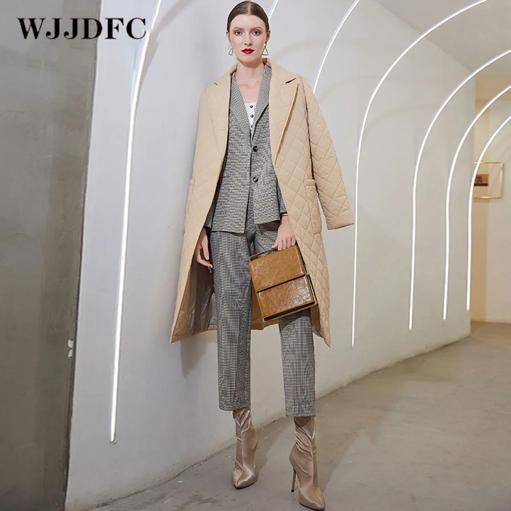 WJJDFC cotton clothing fashion women winter windproof jacket casual belt winter parka coat diamond pattern long straight jacket