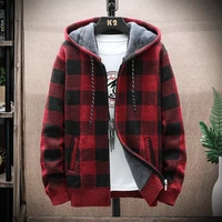 2022 autumn korean hooded mens sweater with thick and velvet mens cardigan knitted sweater coat grid jacket male m 3xl 8668