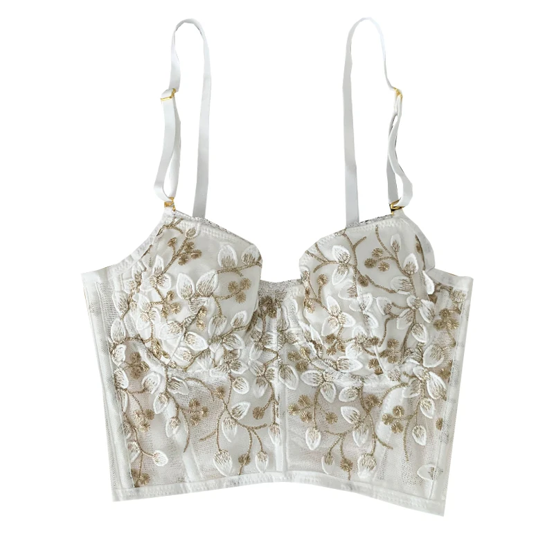 

2021 Summer Retro Palace Embroidered Lace Flower Steel Ring Gathering Bra Underwear with Camisole Women