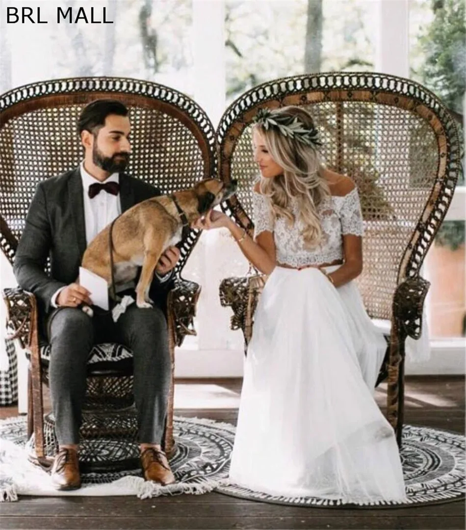

Top Lace Bohemian Two Pieces Wedding Dresses Off shoulder Boho Beach Wedding Gowns Cheap Garden Bridal Dress vestido de novia