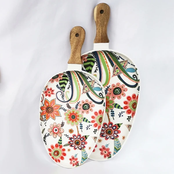 

Nordic Dinner Plate Ceramic Steak Salad Tray with Wooden Handle Household Decoration Oval Dinner Plate