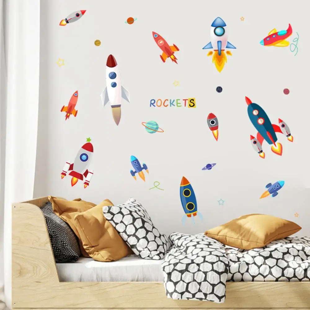 Rocket Ship Astronaut Creative Vinyl Wall Sticker For Boy Room Decoration Outer Space Decal Nursery Kids Bedroom Decor | Дом и сад