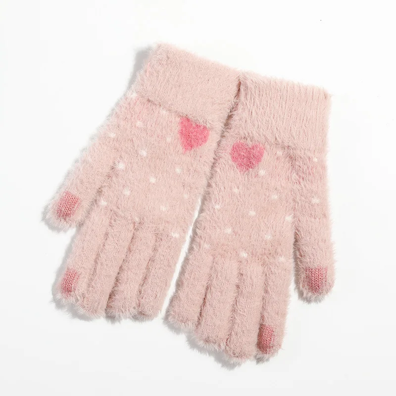 

JIFANPAUL winter knitted plush gloves ladies half-finger/full-finger outdoor warmth and velvet thick touch screen love gloves