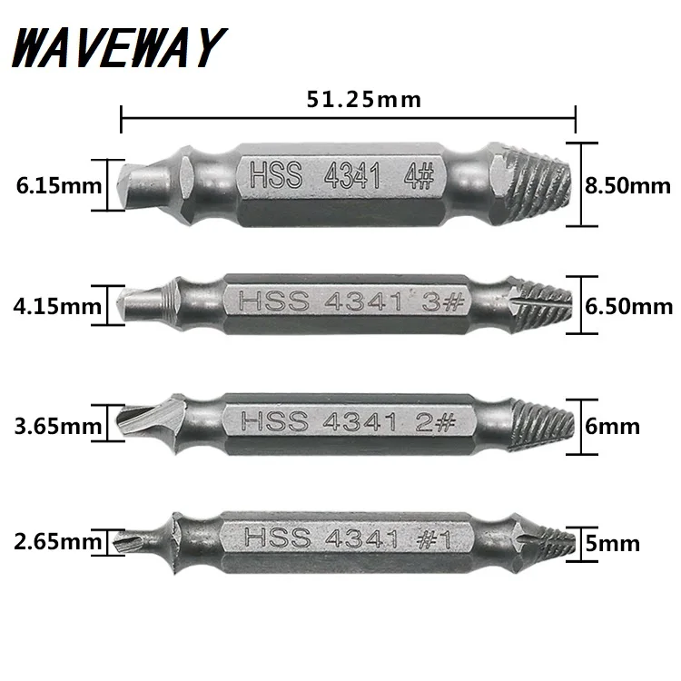 

4Pcs HSS 4341 Screw Extractor Drill Bits Guide Set Broken Damaged Bolt Remover Double Ended Damaged Screw Extractor