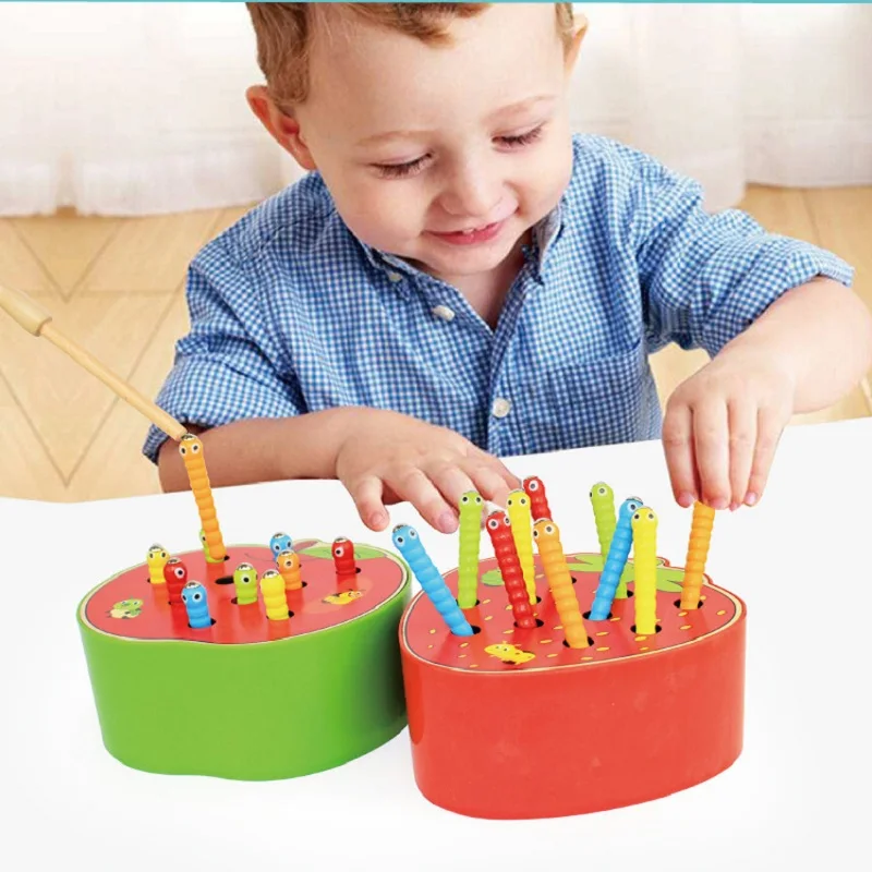 

Montessori Educational Wooden Toys Materials Kids Clip Bead Magnetic Fishing Catch Worm Math Interactive Toys For Children Gifts