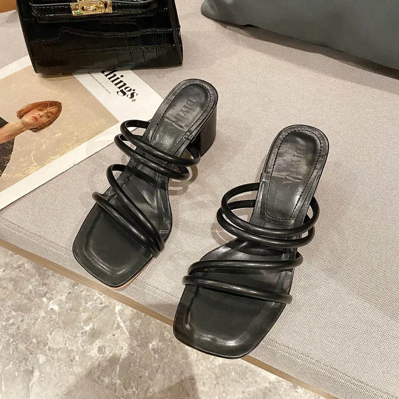 

Square heel Shoes Woman 2021 Slippers Heels Luxury Slides Cross-Tied Pantofle Med Block High Designer Soft New Pumps Fabric Rubb